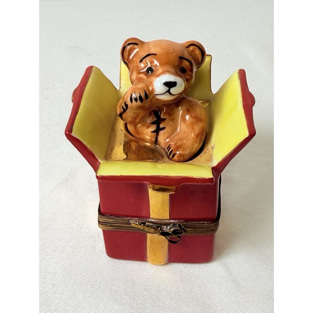 limoges france peint main trinket box of teddy bear in red gift box. -read